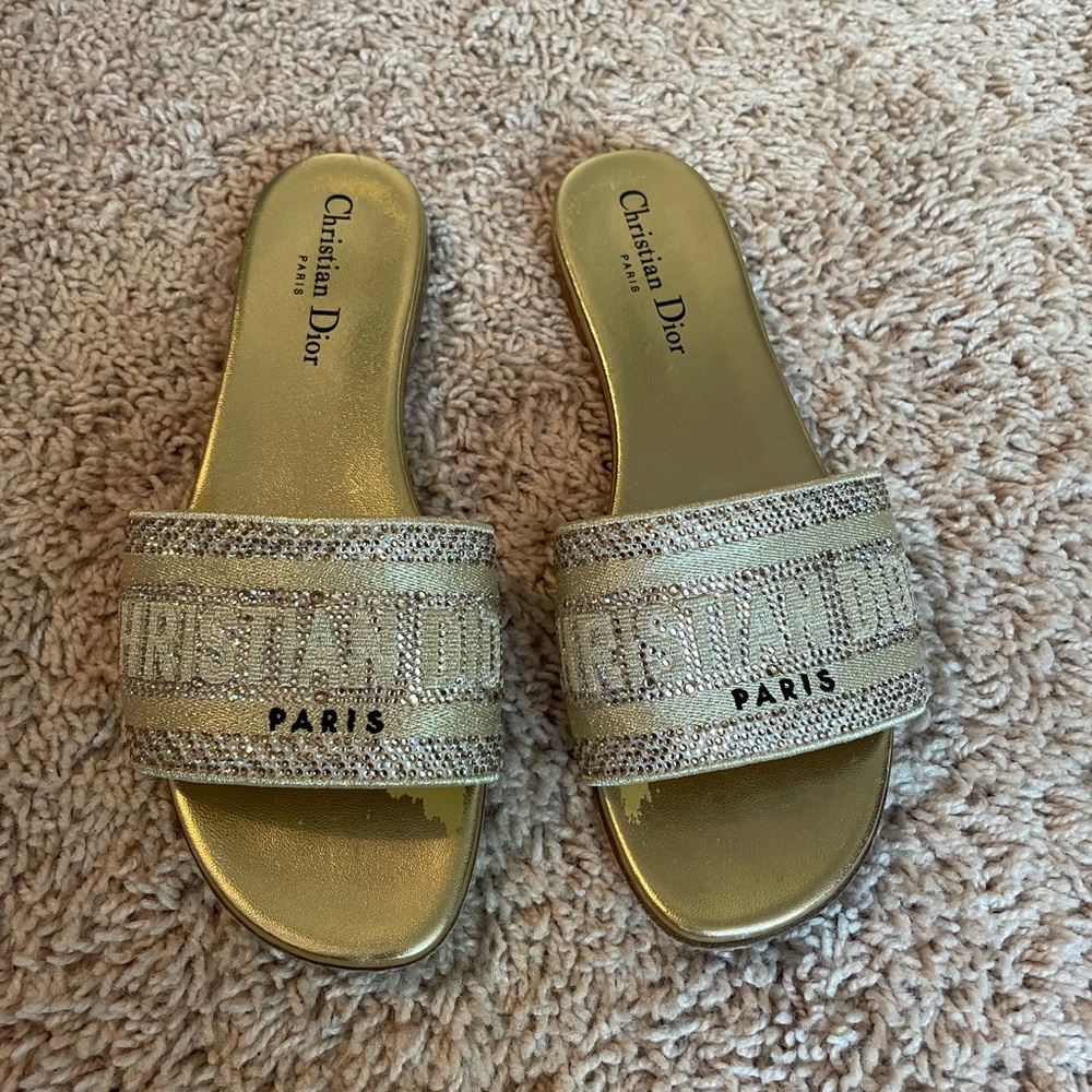 Christian Dior Dway Slide Gold-tone Crystal Strass sandal Size 37